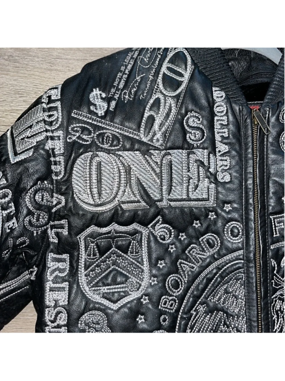black leather lined bomber jacket embroidered money hiphop street big kids 2XL